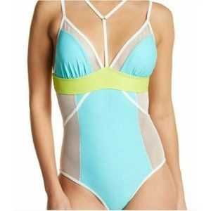 NWOT YMI Womens One-Piece Light Blue Lime Green  Deep V  Swimsuit  Size‎ M